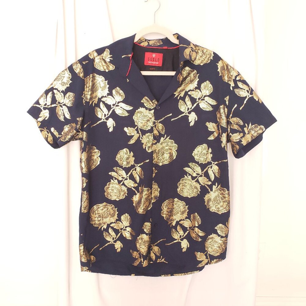 Suslo Red Collection Comfort Stretch Slim Fit Navy Blue and Gold Shiny Shirt XL